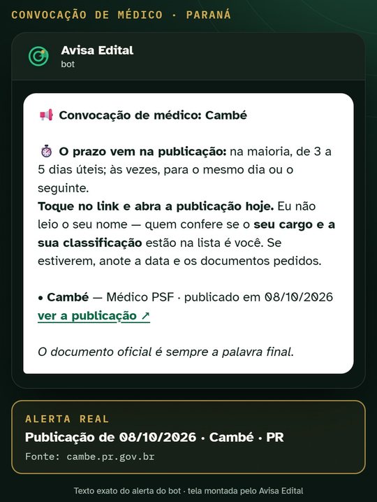 Tela do alerta do bot do Avisa Edital no Telegram: convocação de médico em Cambé (PR), publicação de 08/10/2026, com o prazo comum de resposta, o lembrete de conferir o próprio nome e o link para a publicação oficial.
